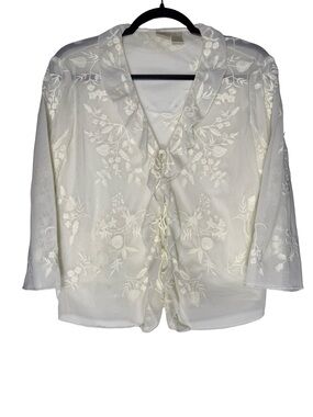 J Jill Blouse Sz XS Sheer Embroidered Ivory Floral Fairy Lace Tie Front Ruffle